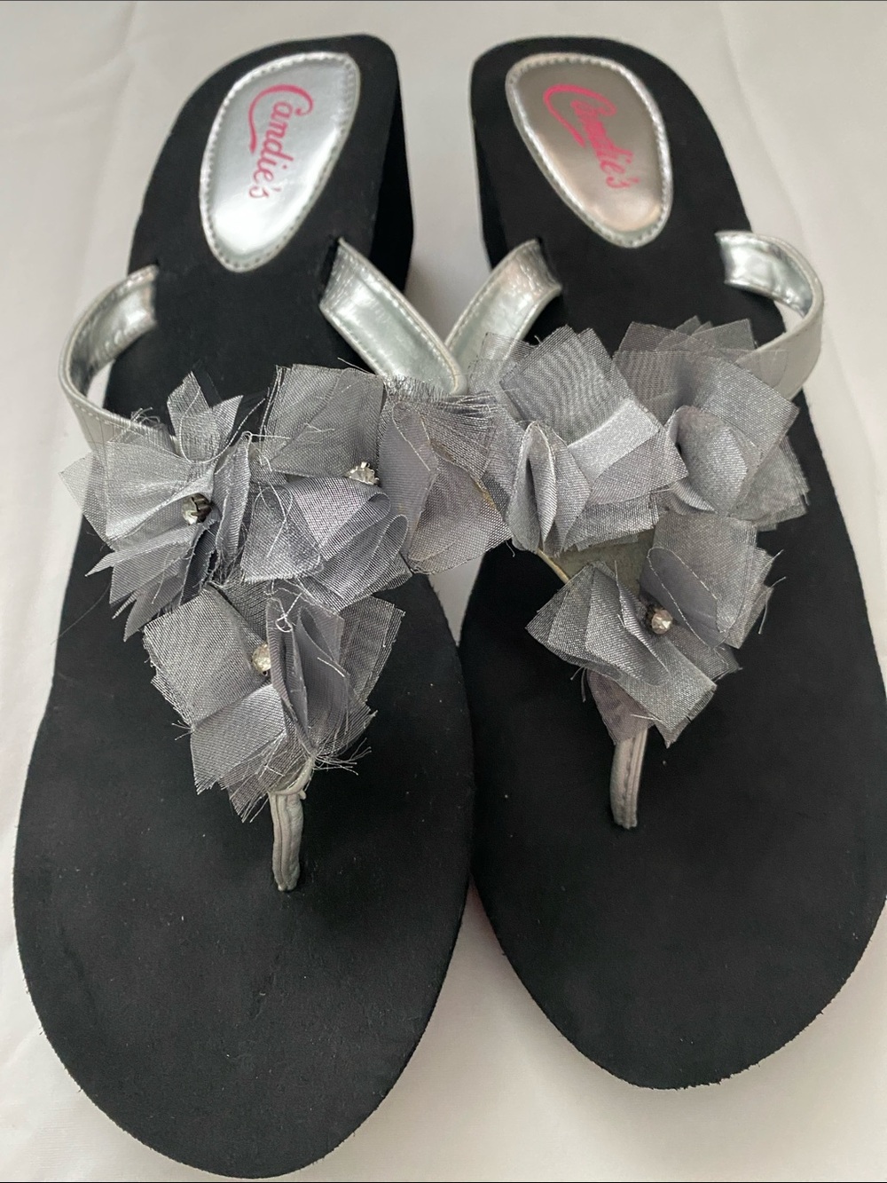 Candie's Black Footbed Silver Floral Thong Sandals